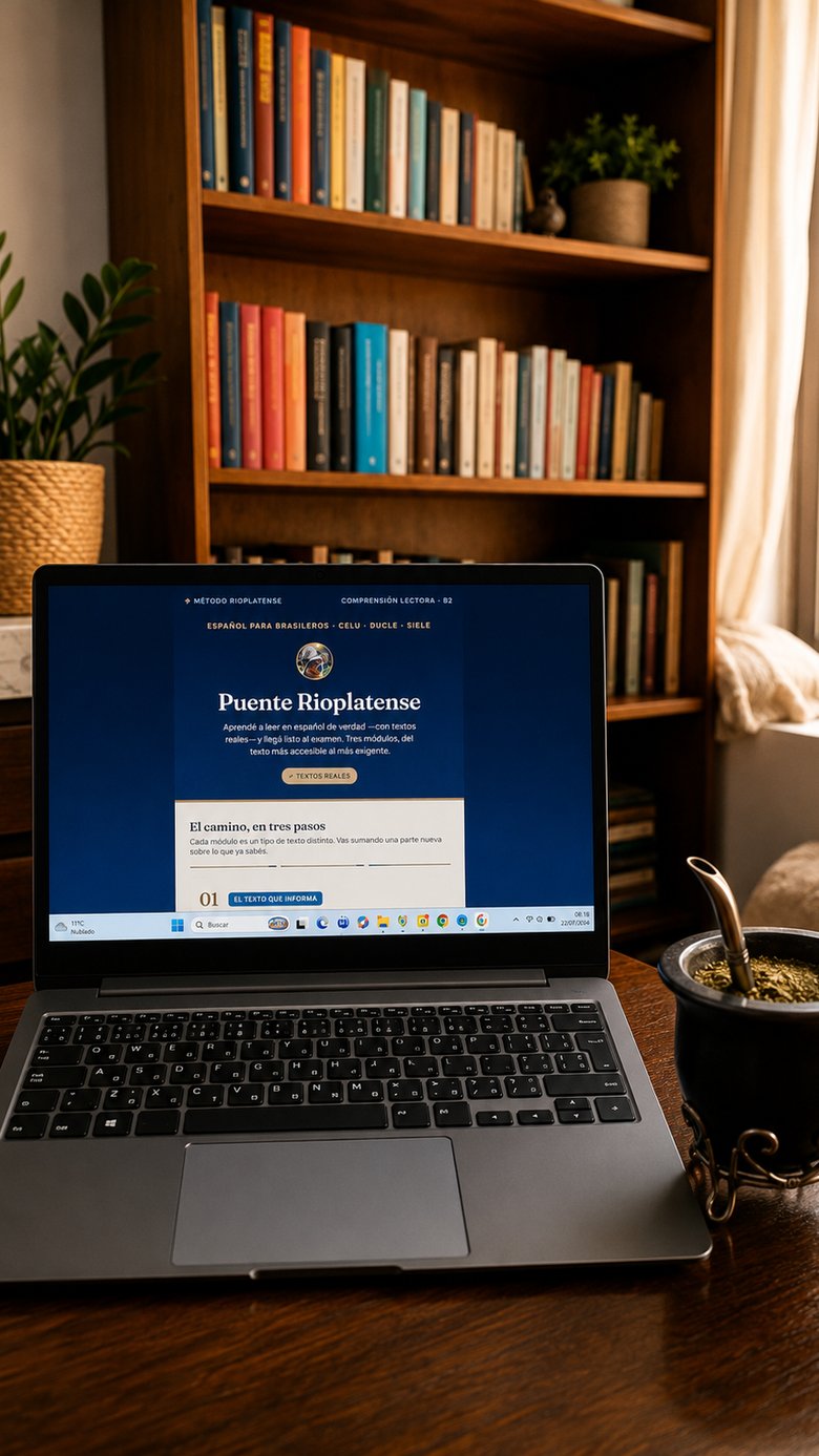 Mate con bombilla y laptop — el espacio de trabajo de Aprender EspañolAR